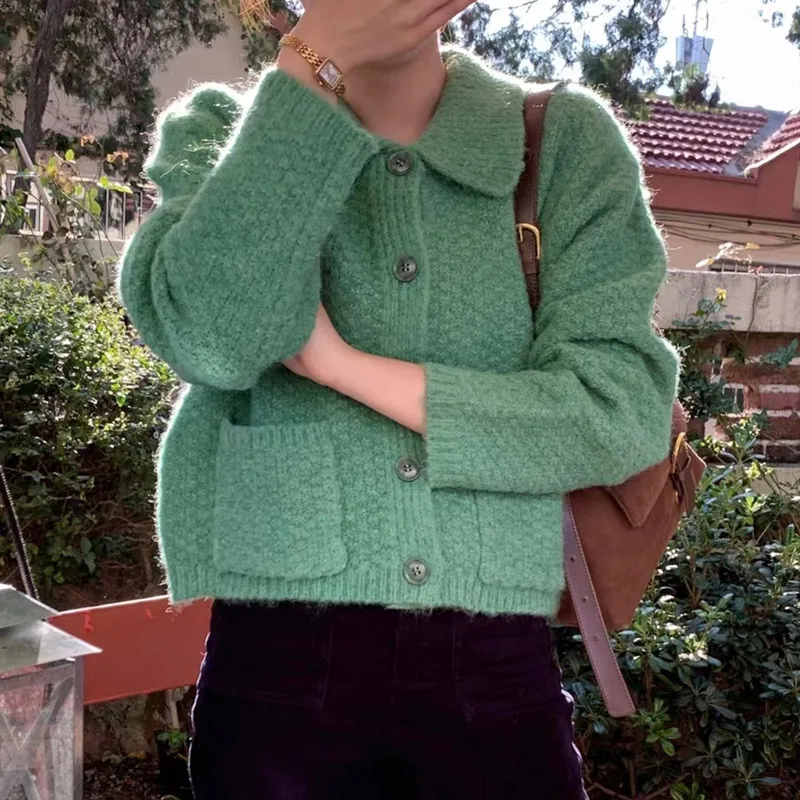 

Модный свитер с лацканами и карманами для женщин, осенняя новая свободная верхняя одежда, трикотаж с длинными рукавами и пуговицами, кардиган, топ