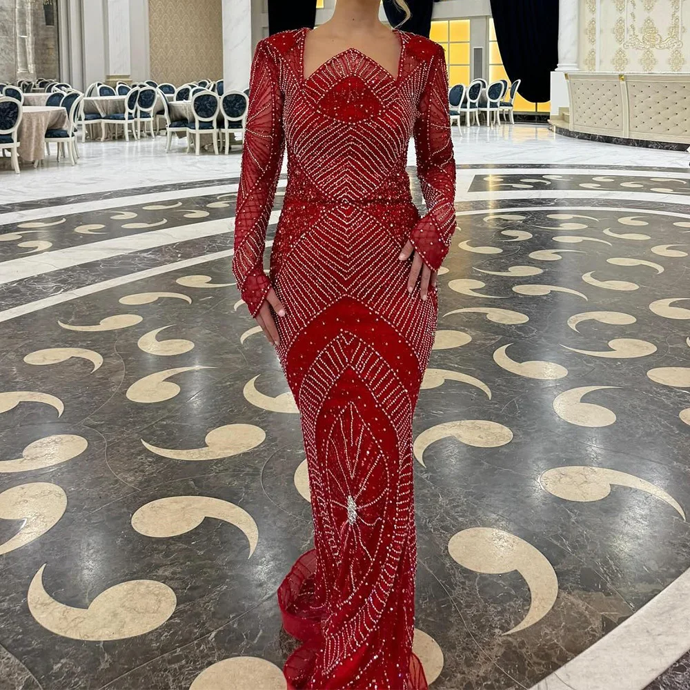 High Quality and Exquisite Straight V-Neck Long Sleeves Evening Dress Floor Length Sequined Crystal Prom Gowns Custom Size