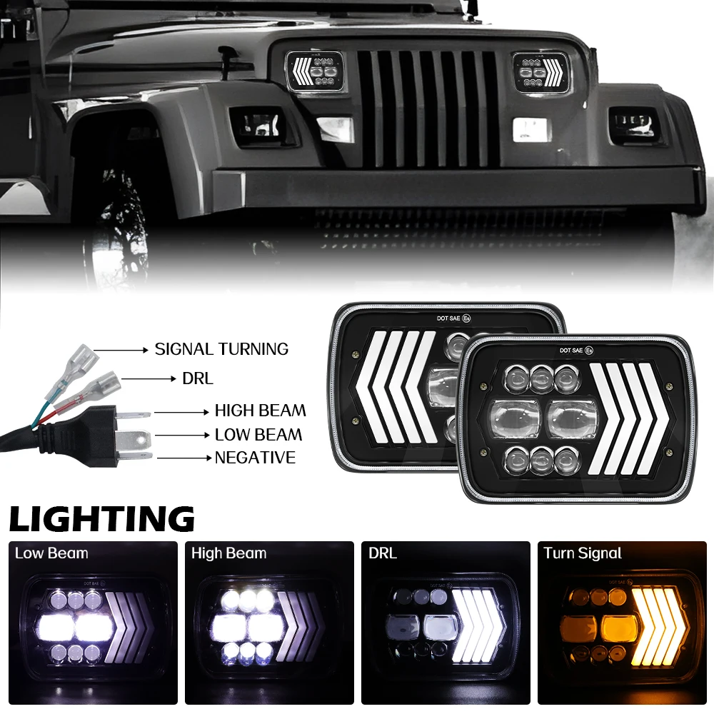 7-inch Wrangler LED headlight headlight 5X7 square dimming 60W off-road pickup light arrow aperture yellow white