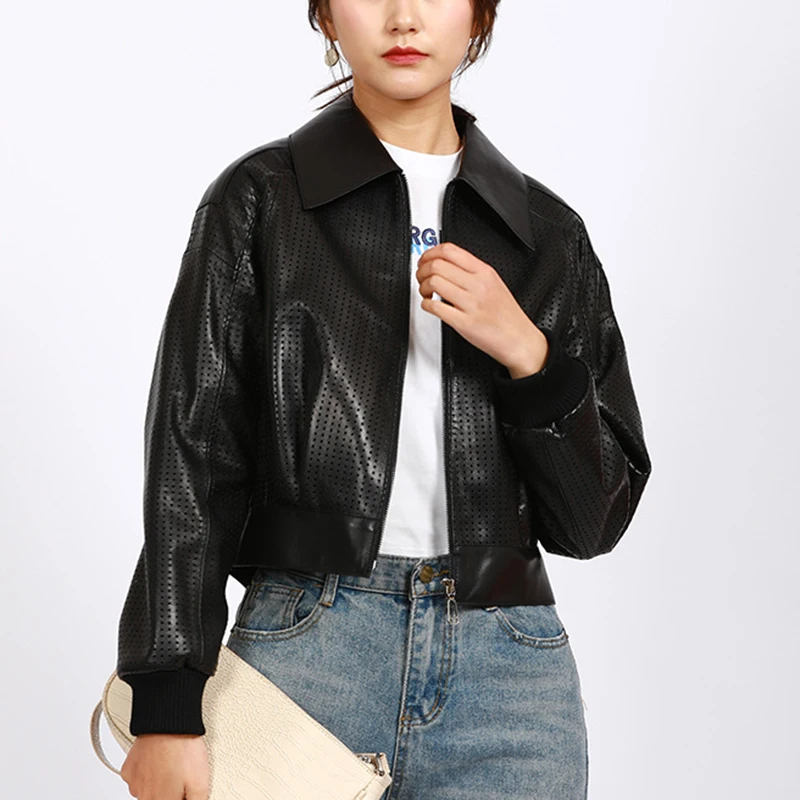 Women's Spring Jacket Korean Style Genuine Leather Abrigo Mujer Lapel Zipper Hollow Out Slim Short Sheepskin Coat Baseball Suit