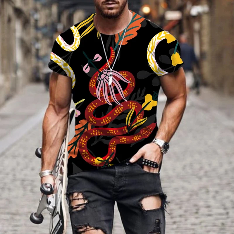 

Vintage Men's T-shirt Summer Shirt Tops Colorful Snake Printed Short-Sleeve Tees Loose Daily Men Clothing Casual Streetwear