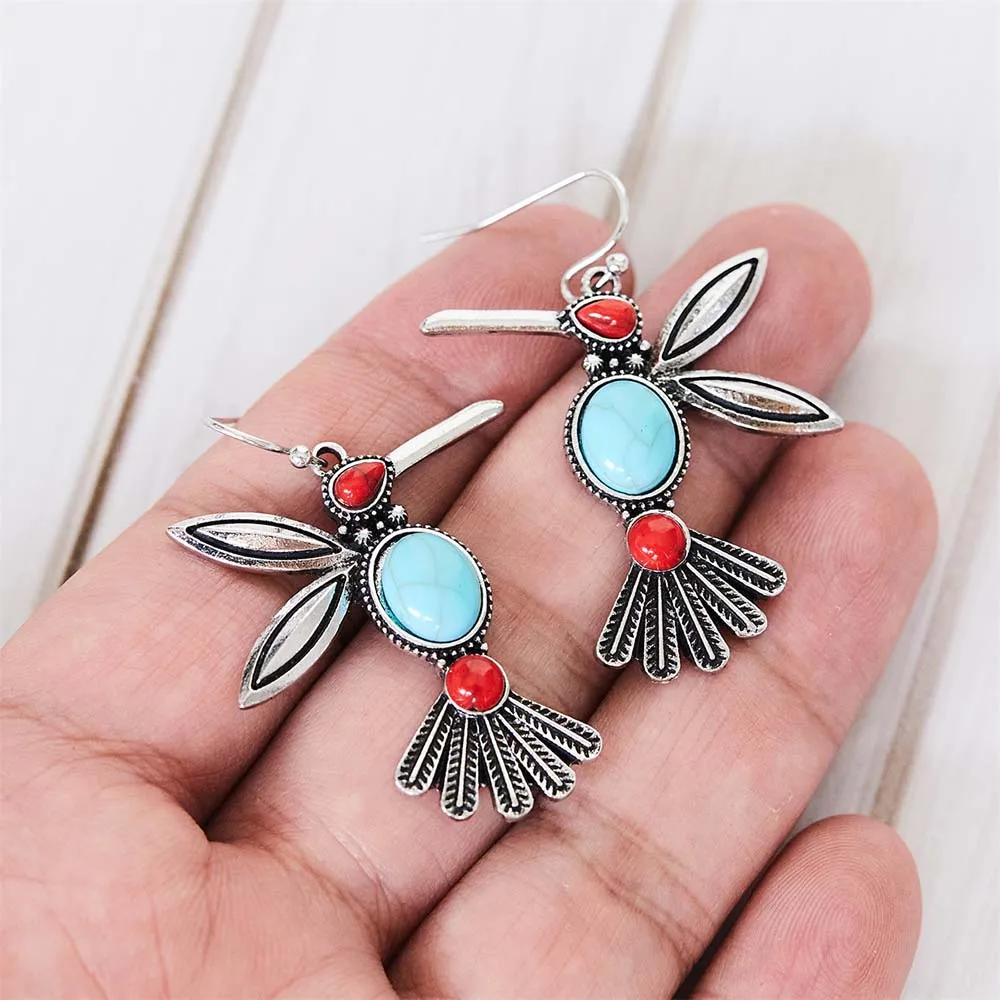 Woodpecker Dangle Earrings for Women Inlay Natural Stone Retro Personalized Piercing Eardrop Girls Hanging Accessories Jewelry