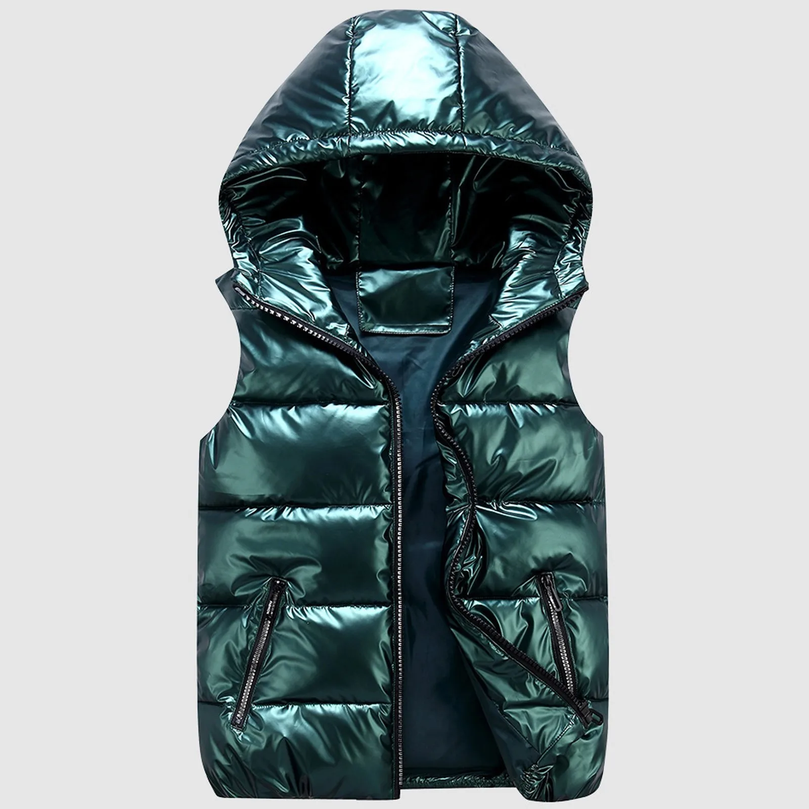 Attumn And Winter Solid Color Composite Zipper Women's Vests Hooded Sleeveless Jackets With Pockets Bright Outerwear Vests