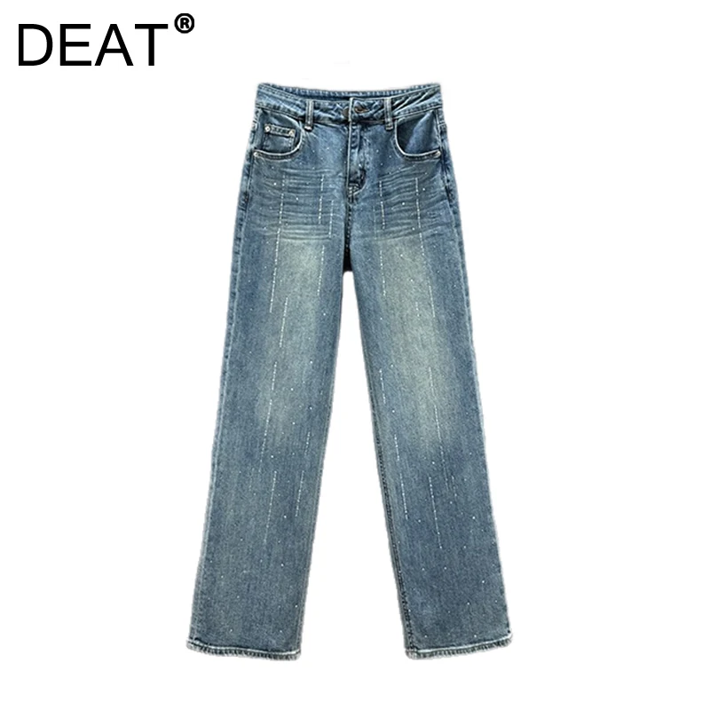 DEAT Women's Denim Pants Rhinestone Washed Blue Full Length Female Straight High Waist Causal Jeans 2025 Spring New Fashion