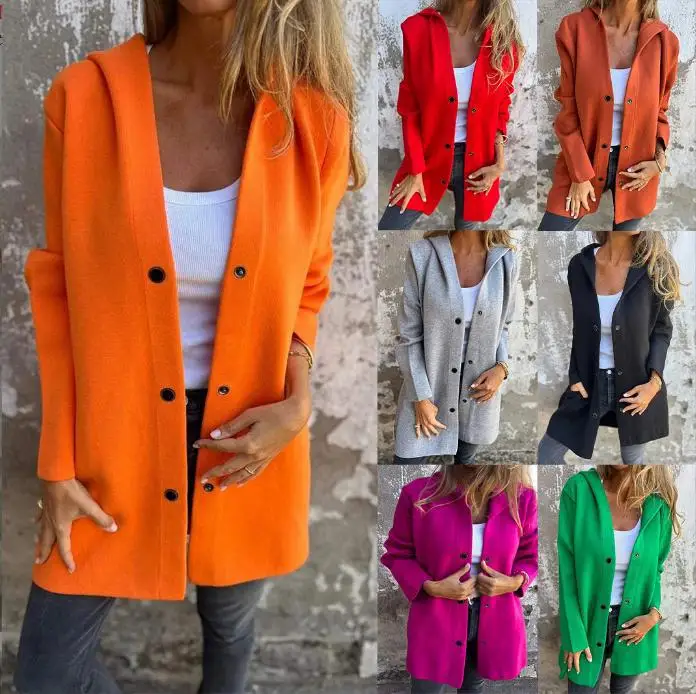 Otoño Invierno Amazon moda de manga larga chaqueta sólida mujer abrigo botón gorra suéter