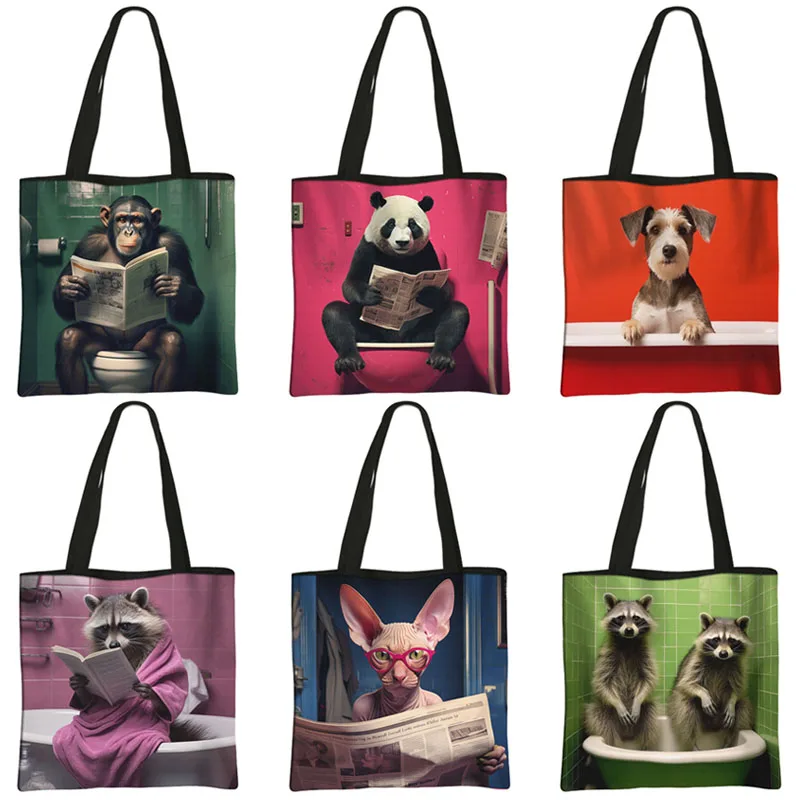 Arte Animal De Banheiro Engraçado Totes Bag, Cão, Gato, Guaxinim Sentado No Banheiro, Lendo Jornal, Sacos De Compras Reutilizáveis, Bolsa De Ombro