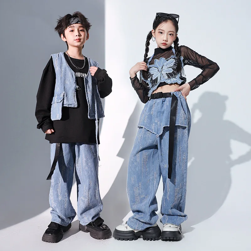 Fashion Butterfly Denim Hip Hop Dance Costumes for Girls Boys Jazz Ballroom Dancing Clothes Stage Outfit Kid Perform Show Wear