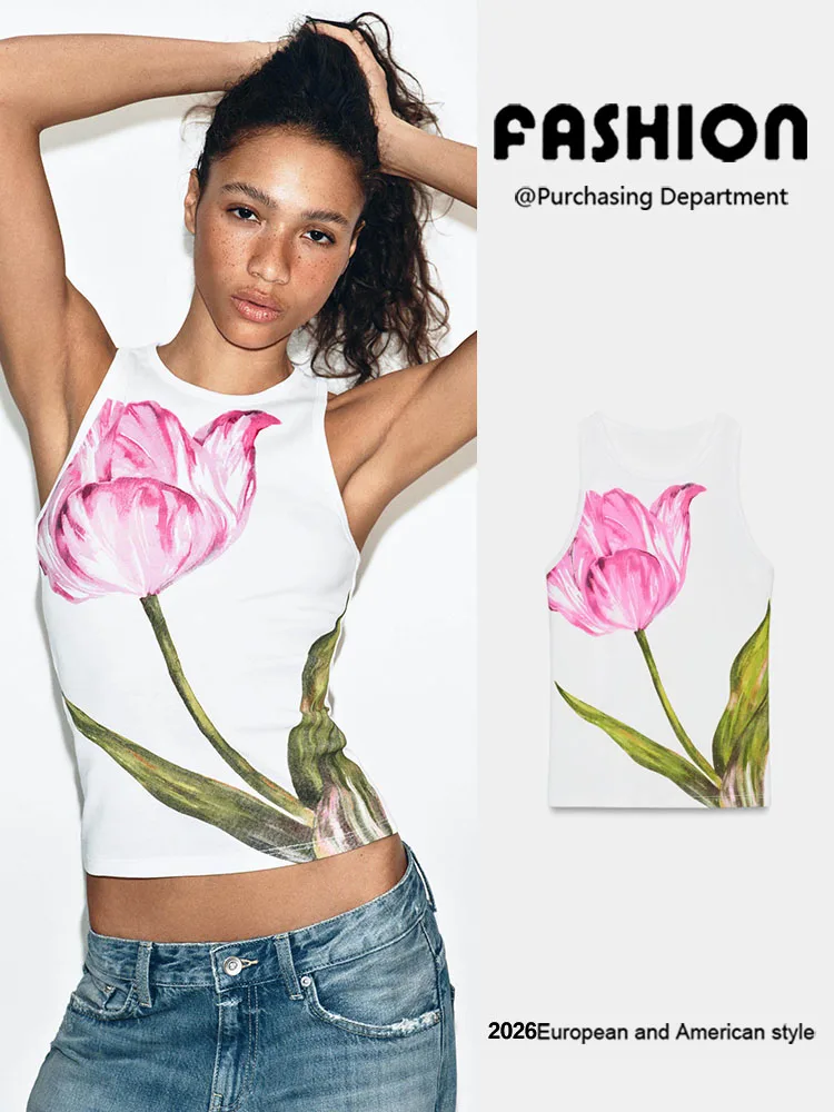 

New Summer Women's T-shirt Sleeveless round Neck Slim Fit Casual Floral Print Top Versatile Fashionable Chinese Style Shirt