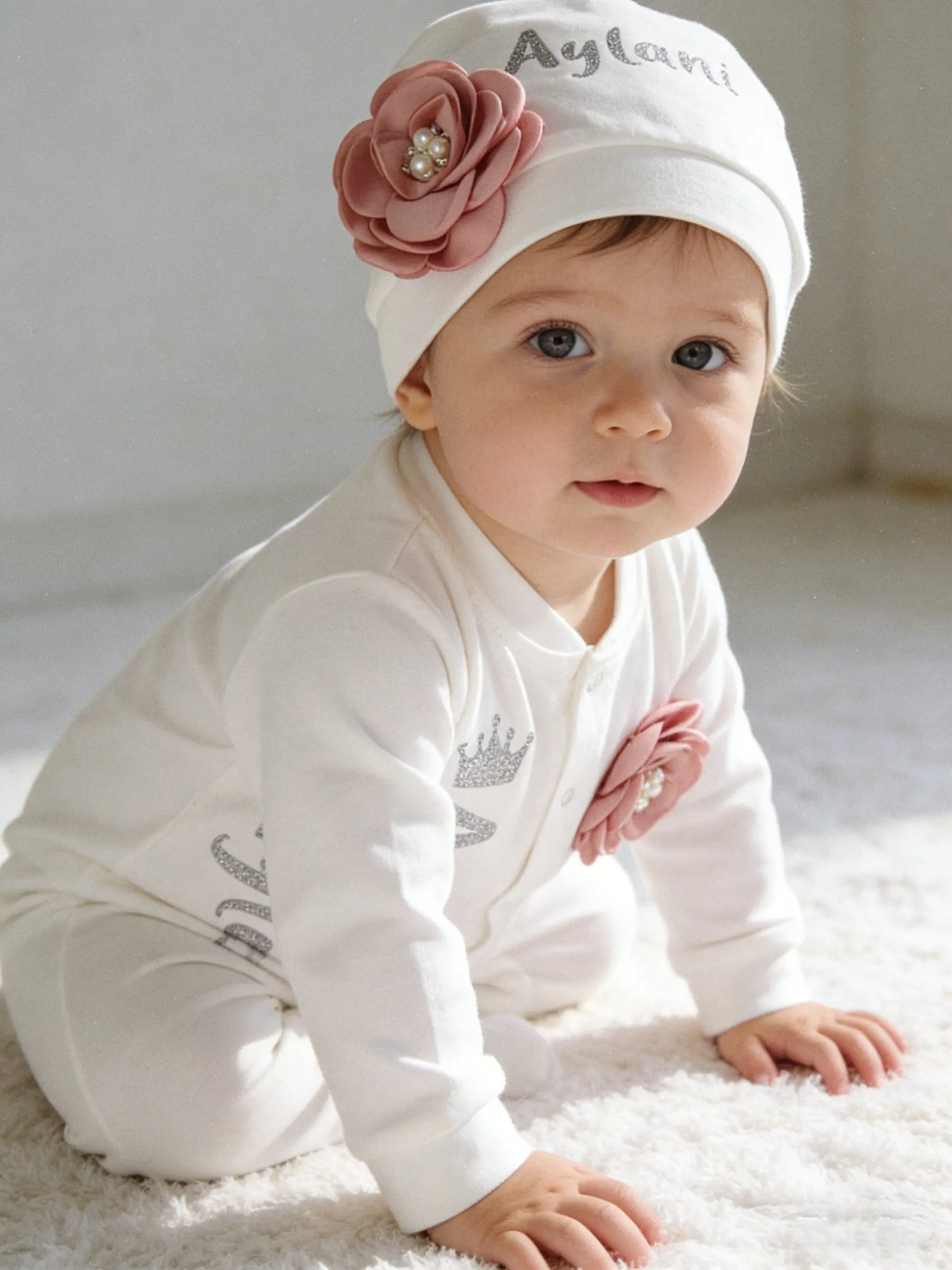 Personalized Ahiam Matheo Baby Royal 4 Piece Set White Crown Footed Romper Perfect for Christening & 1st Birthday Ceremony