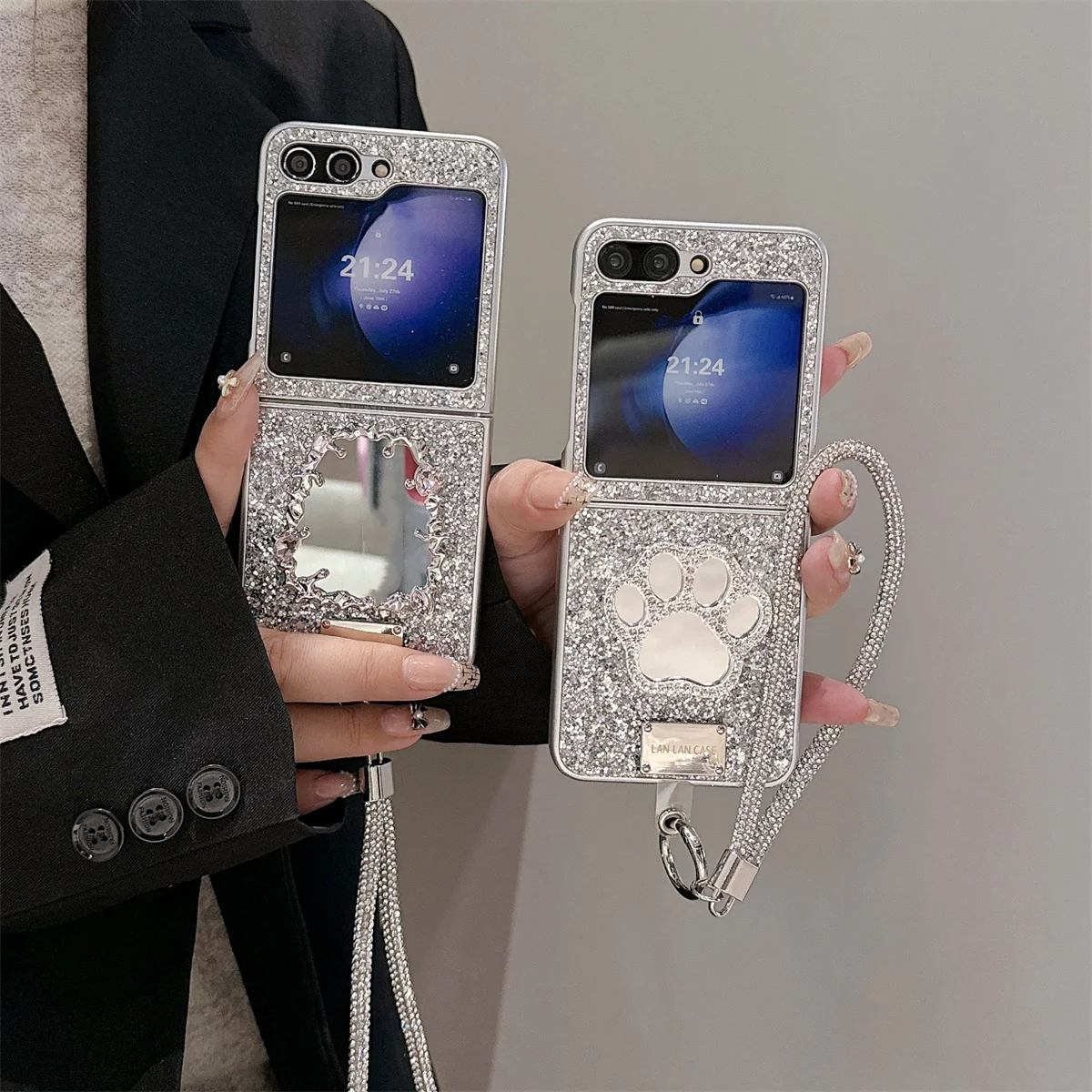 

Luxury Glitter Phone Case For Samsung Galaxy Z Flip 6 5 4 3 Cover with Cute Bag Pendant Plating Silver Cases For Flip5 Flip4 5G