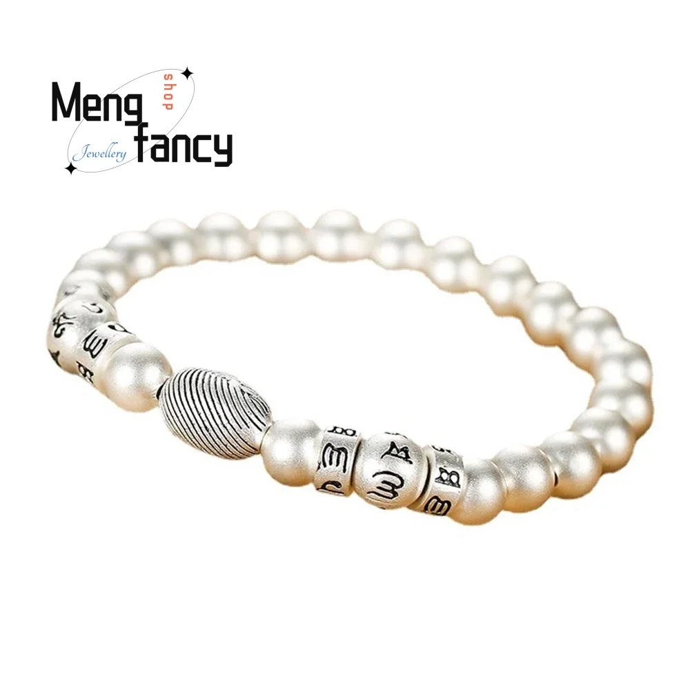 999 Sterling Silver Vintage Ethnic Style Six-word Motto Round Bead Braided Bracelet Simple Exquisite Couple Fashion Fine Jewelry