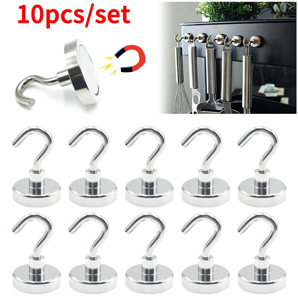 10Pcs Super Strong Powerful Magnetic Hooks Ring Metal with Curved Hook Hanger for Hanging Fridge Wall Key Storage Solution