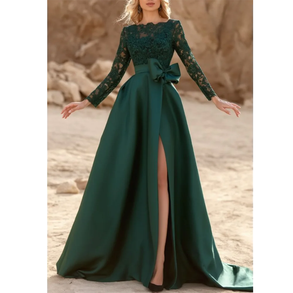 

Шикарное зеленое атласное платье для выпускного вечера Элегантное кружевное вечернее платье трапециевидной формы с круглым вырезом и длинными рукавами для женщин с разрезом по бокам длиной до пола, вечернее платье
