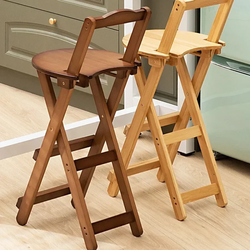 Bamboo Foldable Bar Chair Portable High Counter Stool Space Saving with Backrest Nordic Coffee Shop Dining Furniture