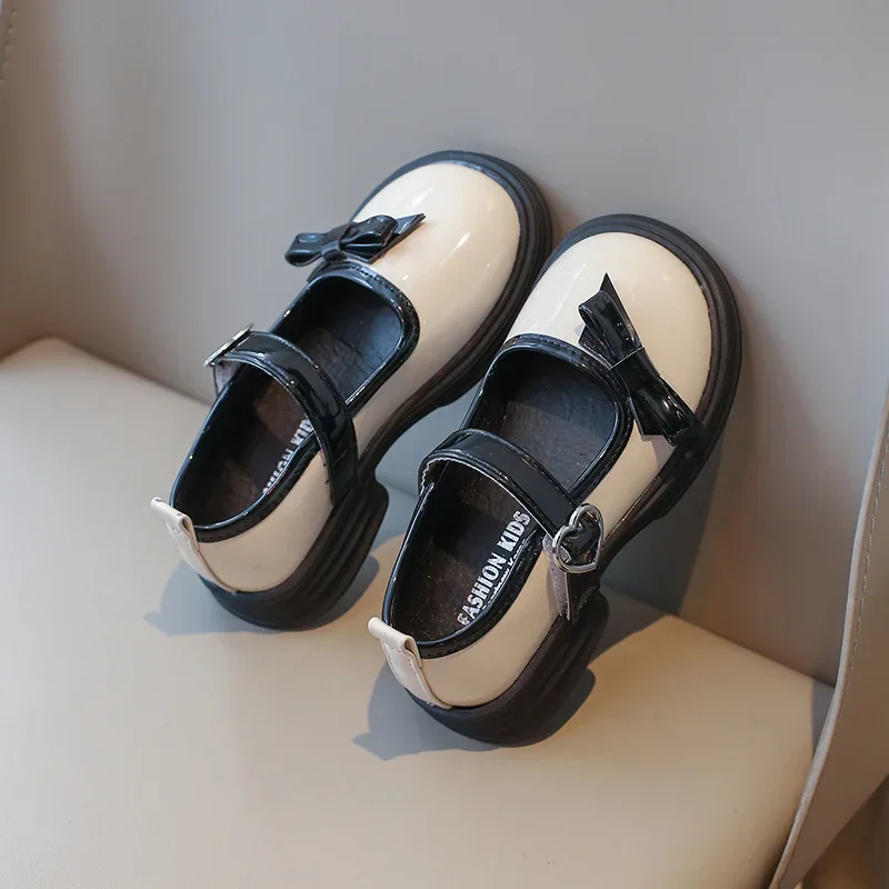 New Girls Princess Leather Shoes Glossy Children Bowknot Mary Jane Shoes Fashion Sweet Kids School Flat Shoes Non-slip Versatile