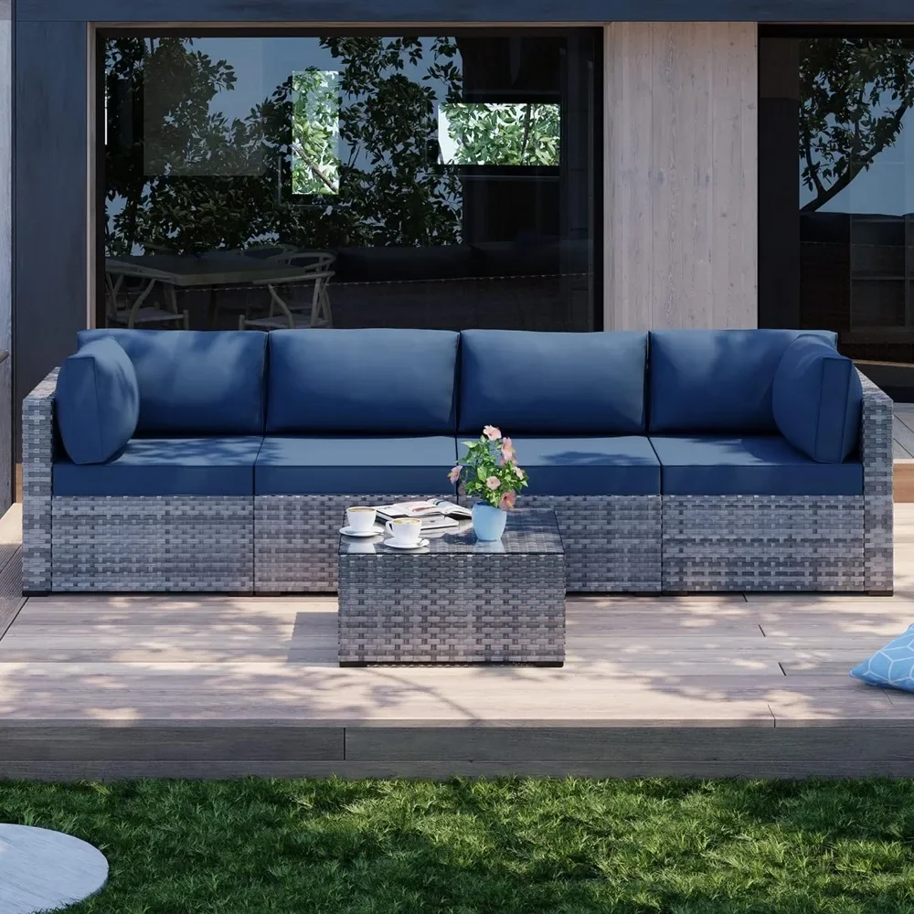 5 Pieces Outdoor Patio Sectional Sofa Couch, PE Wicker Furniture Conversation Sets with Washable Cushions & Glass Coffee Table