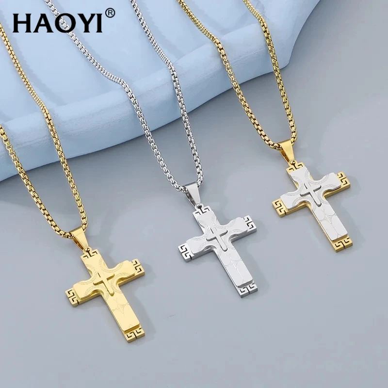 HAOYI Men and Women Vintage Creative Design Patterns Cross Amulet Pendant Gift Complex Pattern Amulet Necklace Jewelry