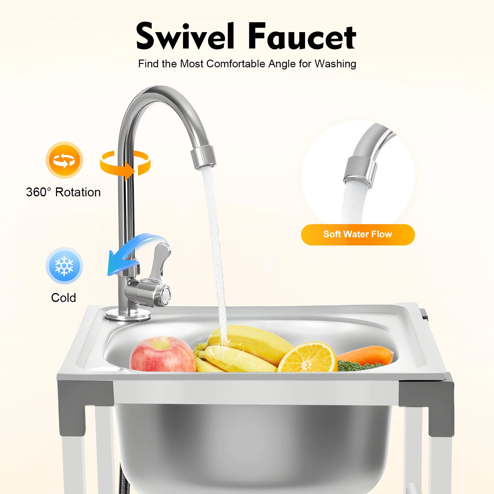 حوض مطبخ قائم بذاته من الفولاذ المقاوم للصدأ 60 سم حوض متعدد الاستخدامات مع صنبور لبار مطعم الغسيل المرآب، سعة كبيرة