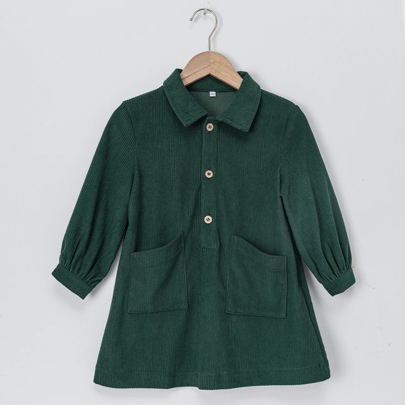 Lässiges Cordkleid für Mädchen 2026 Retro Herbst Neu Kinderkleid mit Revers Knöpfen Langarm mit Taschen Winterkleidung – Detail 38