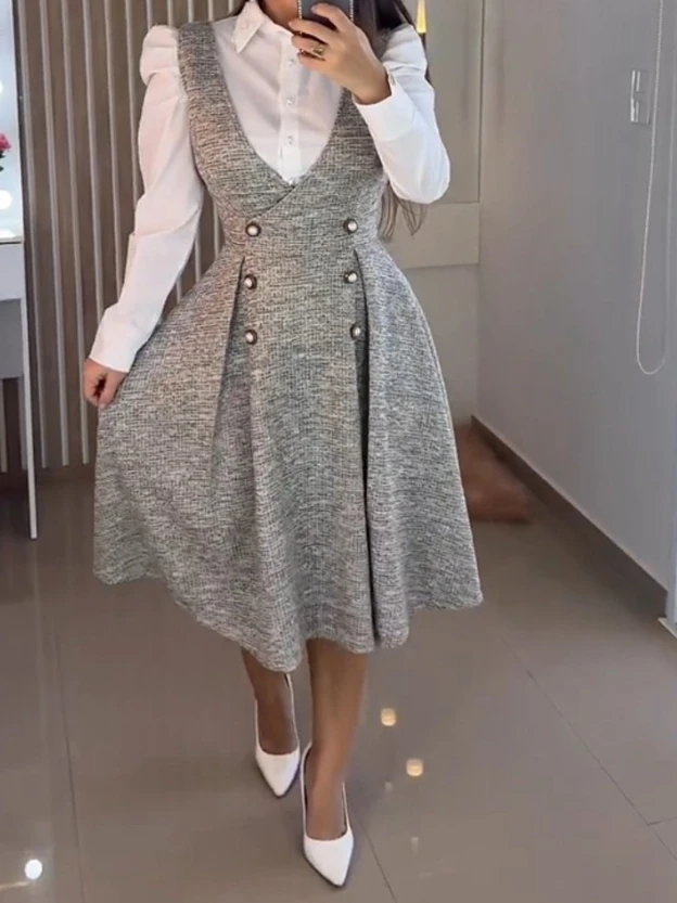 

V-Neck A Line Botton Mid-Calf Causal Dress for Women Novelty Woman Dress 2025 Elegant Women's Loose Dresses