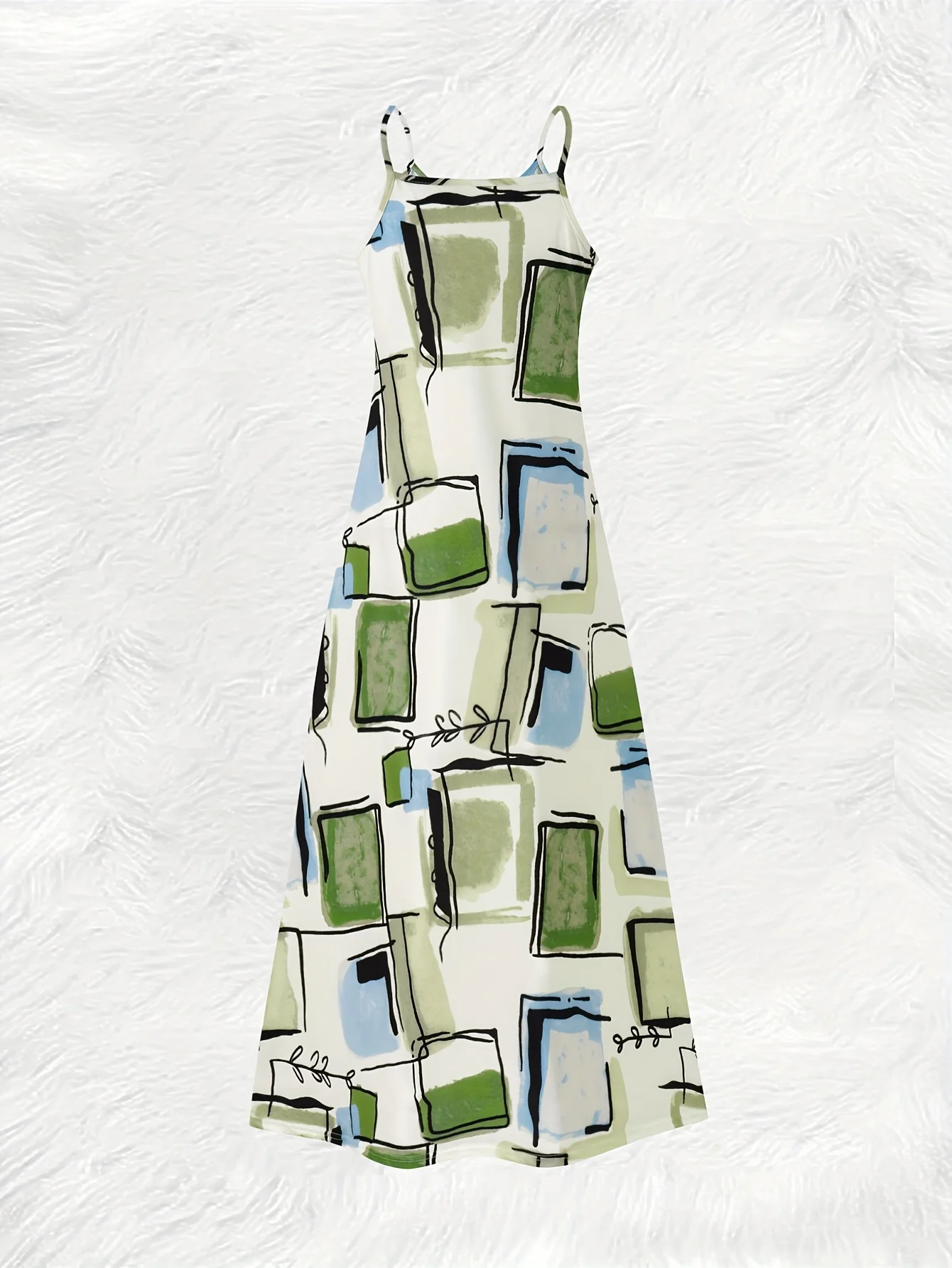 Printed Design casual style Green Blue White Squares Pattern women's dress