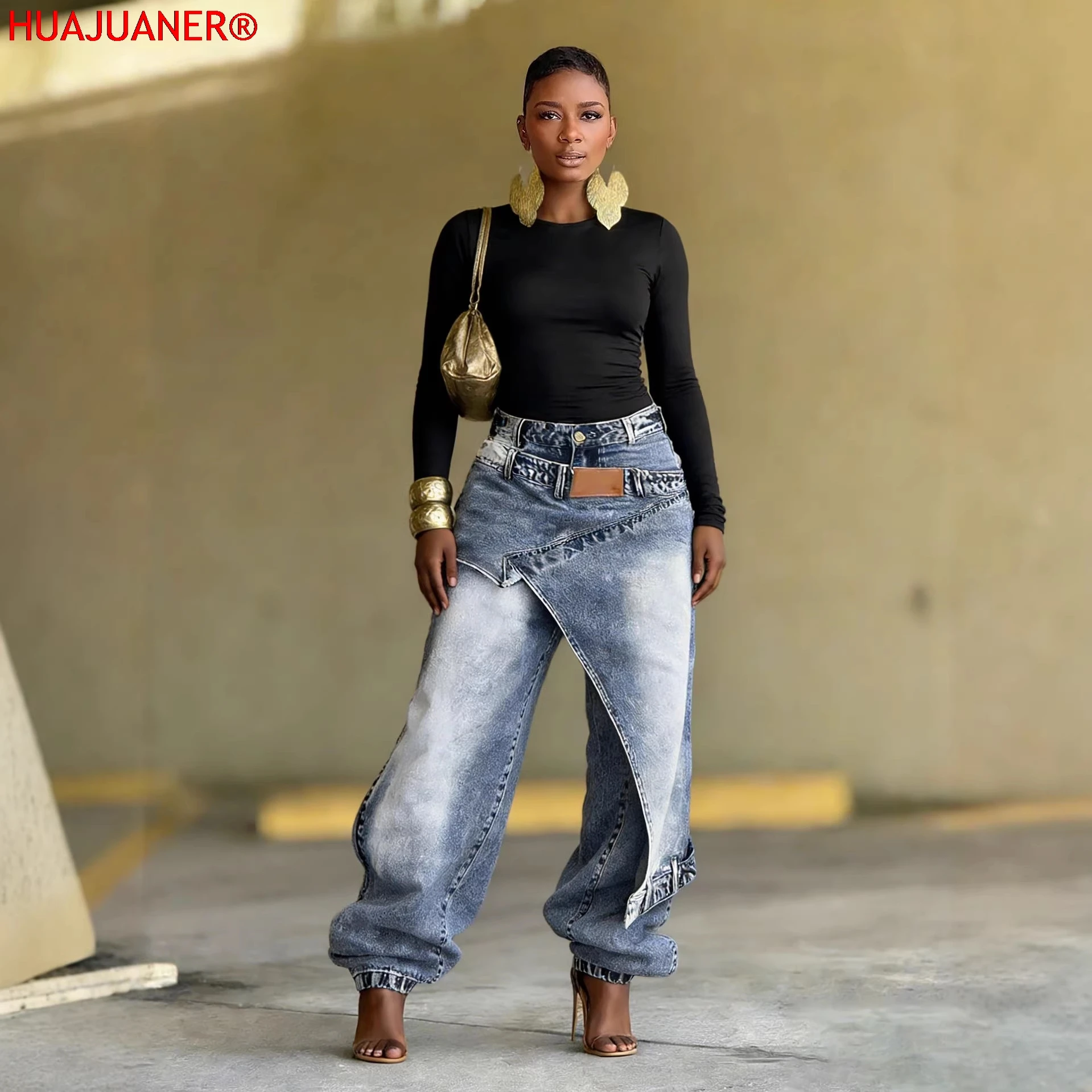Jeans Women Vintage Wide Leg Pants Denims Washed Streetwear Patchwork 4