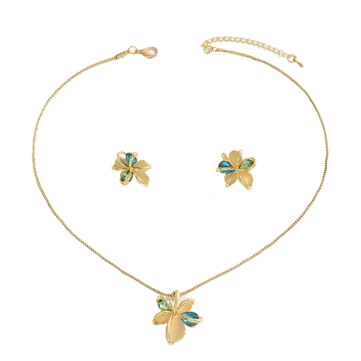 

Colorful Flower - Themed Copper Jewelry Set: Necklace and Stud Earrings
