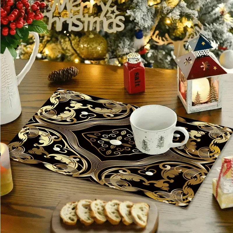 Pearl Golden Flower Luxury Linen Placemats, Non-Slip & Heat-Resistant, Home Tableware Mats