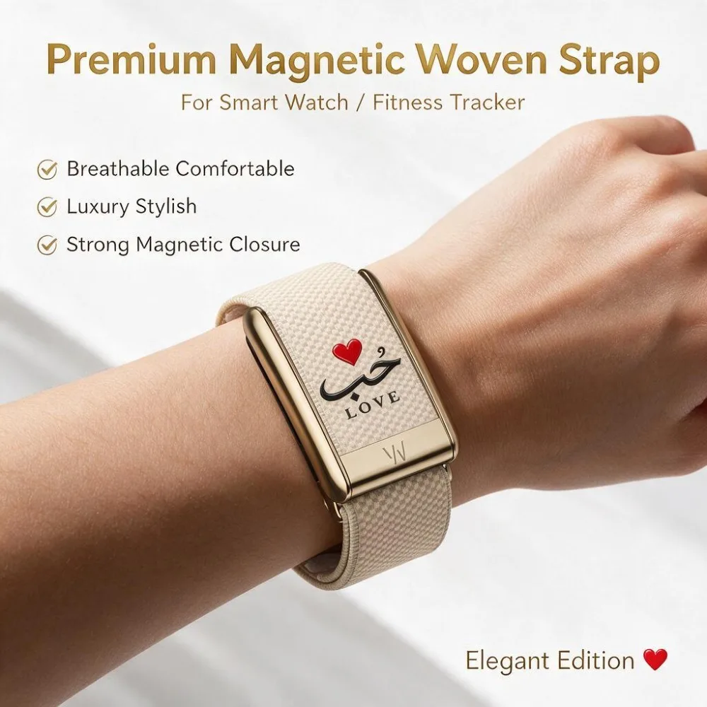For WHOOP 5.0 MG Arabic Heart Graphic Elastic Nylon Woven Wristband Metal Frame Sport Replacement Strap Fashion Fitness Band