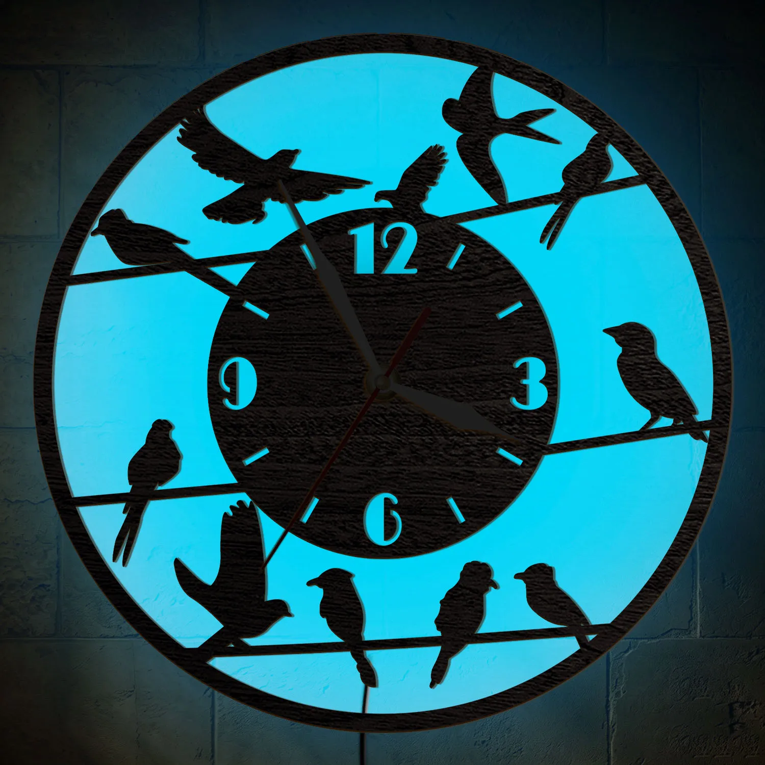 Birds On Wire Silhouette LED Night Light Wall Clock for Farmhouse Cottage Nature Avian Home Decor Clock RGB Multi Color Changing