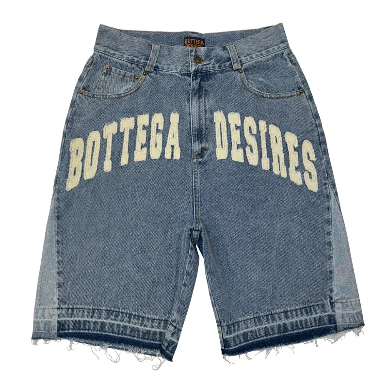 Y2K Retro Denim Shorts Gewaschen Quaste Alphabet Stickerei Muster Jorts Männer Harajuku Hip Hop Trend Vielseitige Unisex Baggy Shorts