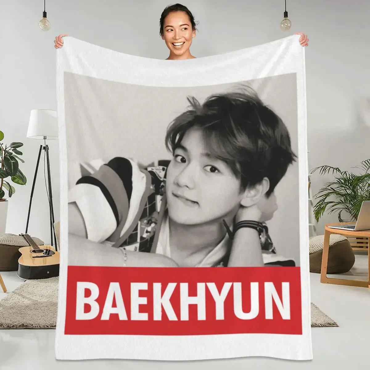 Warm Soft Blanket Camping E-Exos Baekhyun Throw Blanket Kpop Music Singer Flannel Bedspread Couch Chair Novelty Sofa Bed Cover