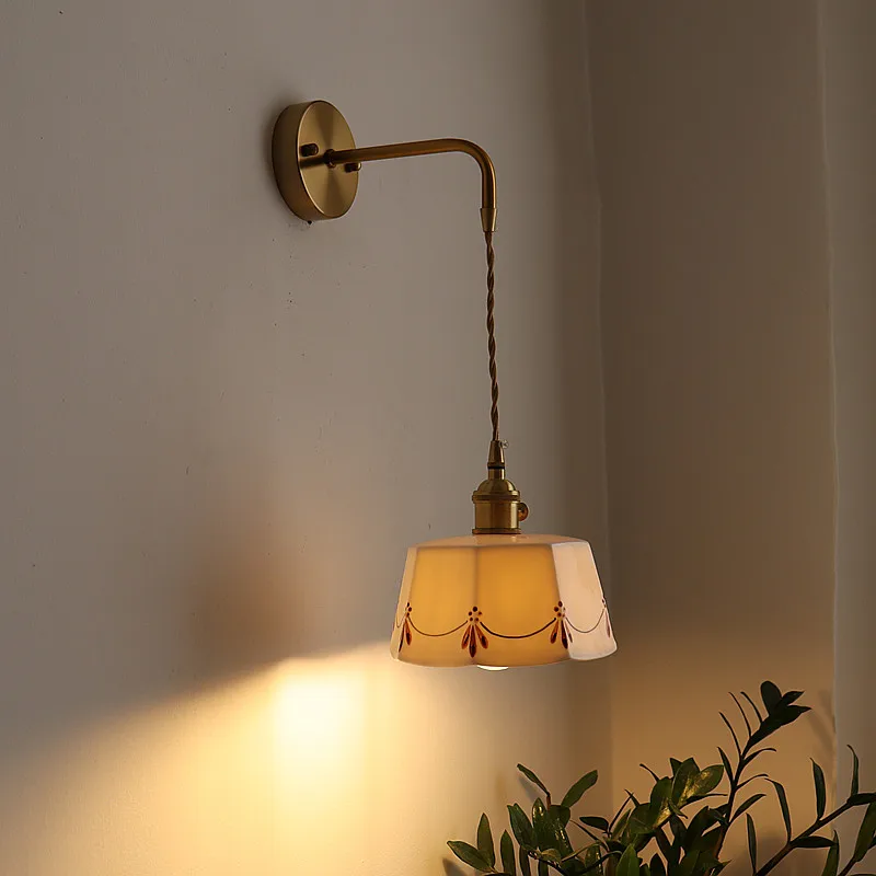 

Japanese Glazed Ceramic Wall Lamp Bedroom Bedside Living Room Balcony Staircase Corner Background Wall Brass Retro Sconces Light