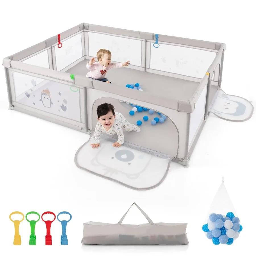 Baby Playpen 81 x 57.5 Extra Large Baby Gate Playpen w/ 50 Ocean Balls Indoor and Outdoor Safety Play Yard Baby Fence w/Breatha