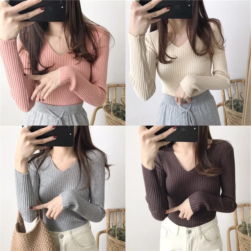 

Autumn Winter V-Neck Nude Knitted Sweater Women's Tight Elastic Overhead Slimming Base Shirt Innerwear Top Casual Style Cotton