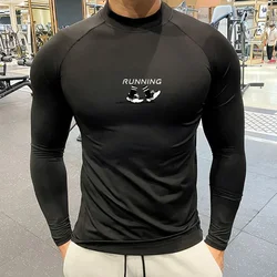 Szybkoschnąca koszulka kompresyjna Męska koszulka do kulturystyki z wysokim dekoltem Jogger Training Top z długim rękawem Gym Fitness Wear