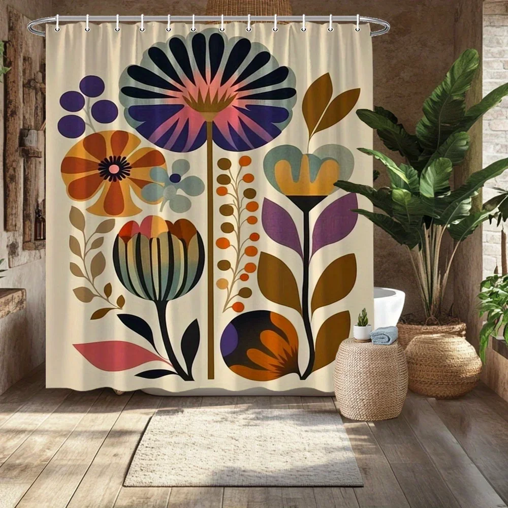 Mid-Century Modern Shower Curtain – Abstract Floral Art with Bold Colors, Retro Botanical Design Includes Hooks 70.8×70.8 Inches