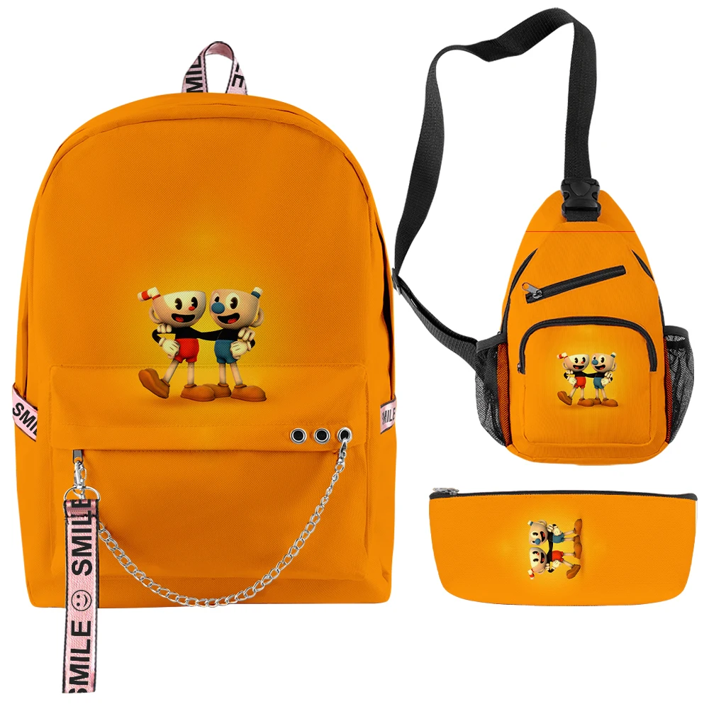 

Trendy Youthful Cuphead Anime 3pcs/Set Backpacks 3D Oxford Waterproof Notebook multifunction Backpack Chest Bag Pencil Case