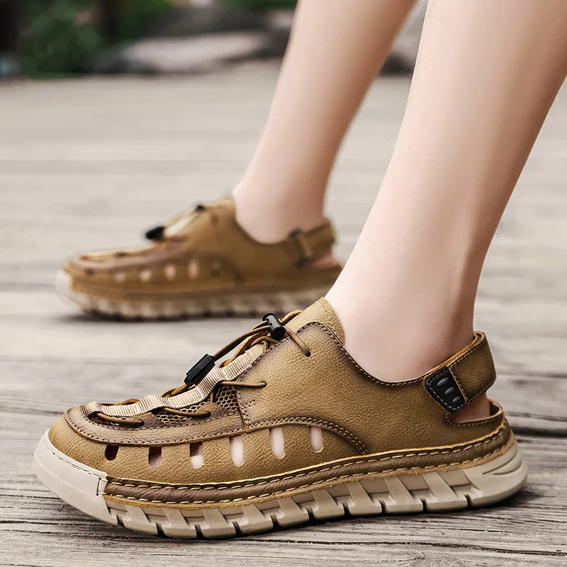 

Outdoor Brand Men's Comfortable Anti Slip Toe Cap Beach Shoes Summer New Men's Handmade Sewn Cowhide Mesh Breathable Sandals