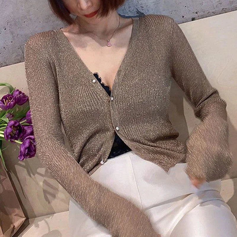 Primavera Outono V-neck Lantejoulas Camisola Fina Cardigan Mulheres Streetwear Moda Tendência Y2K Popularidade Casaco Sey Mesh Roupas Femininas