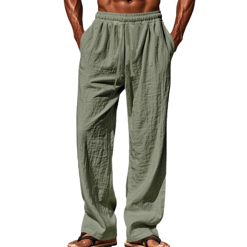 Summer Retro Cotton Linen Loose Harem Pants Elastic Drawstring Waist Casual Pants Basic Versatility Wide-leg Ankle-Length Pants