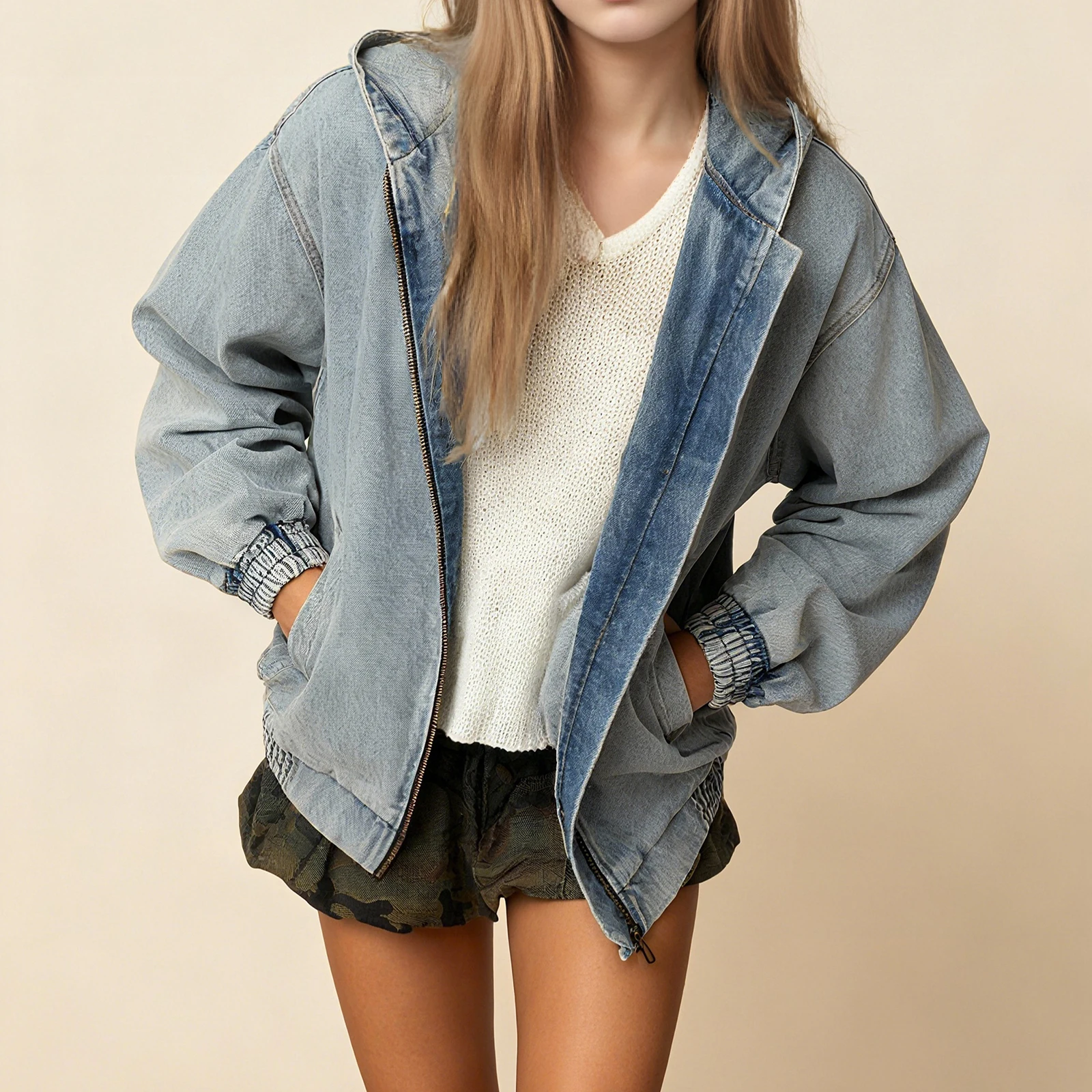 

Женская джинсовая куртка весна-осень 2026: модная, с капюшоном, на молнии, с длинными рукавами, уличный стиль, с карманами