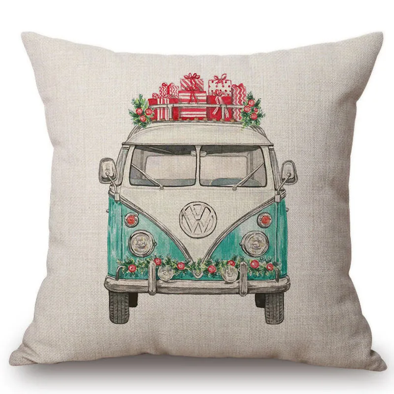 Aquarel Auto Kerstboom Print Kussenhoes Rode Vintage Winter Sneeuw Auto Decoratieve Sofa Stoel Sierkussen Cover