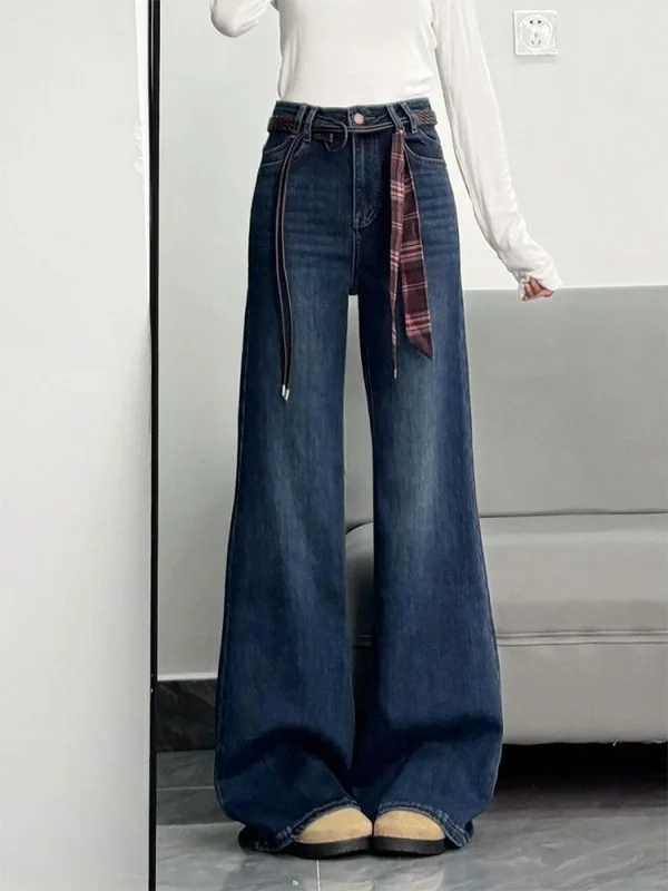 

High Waist Bell Bottom Denim Jeans Women's Belted Retro Style Straight Leg Pants Casual Comfortable Fit Fall 2025 Collection