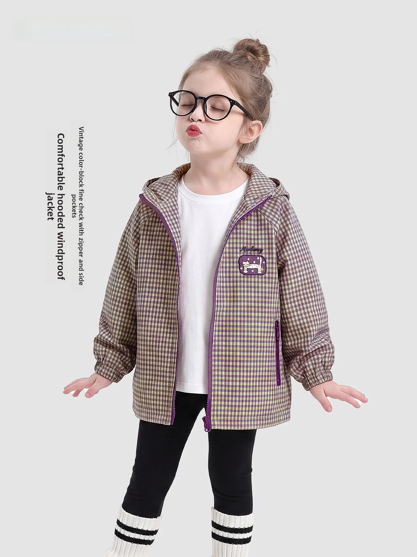 veste-a-capuche-a-carreaux-pour-filles-vetement-d'automne-pour-enfants-en-fibre-de-polyester-fermeture-eclair-style-decontracte-coupe-vent-manches-longues-brodee