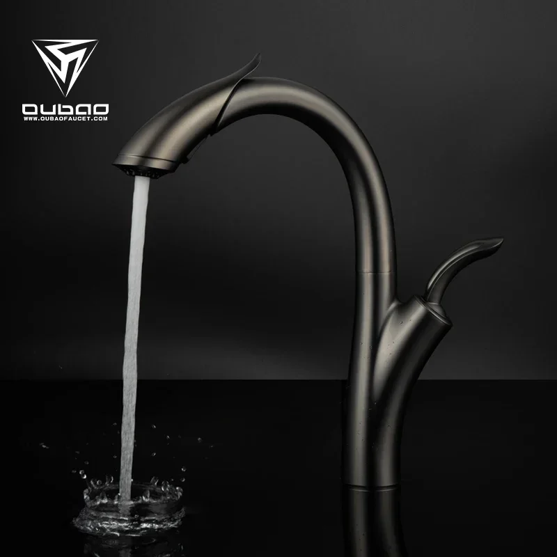 003 OUBAO New Products Pull down Sprayer Gun Black Kitchen Sink Taps Mixer Faucets
