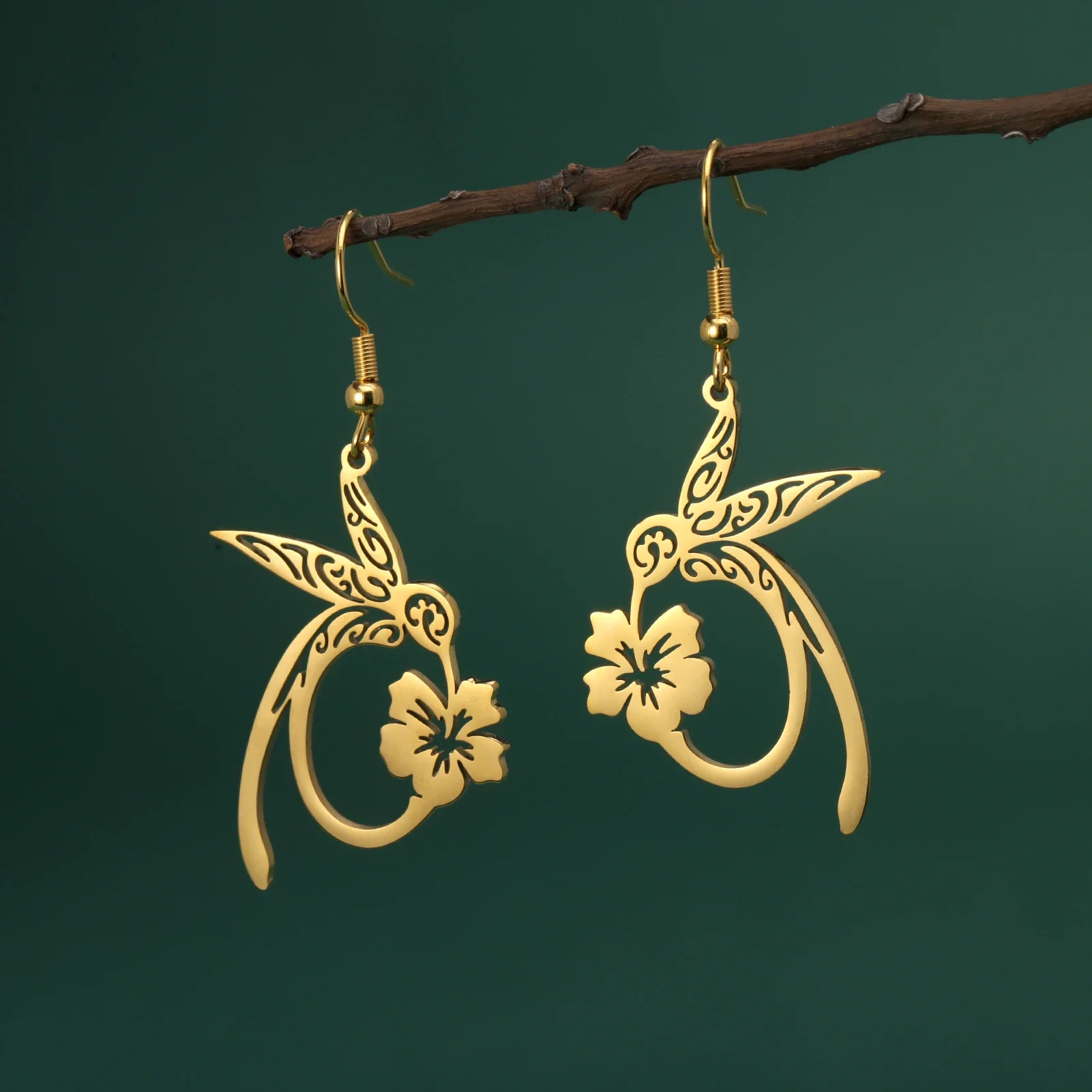 

Hummingbird Flower Pendant Drop Earring Stainless Steel Gold Color Women's Earrings Animal Jewelry Charm Gift 2024 New In