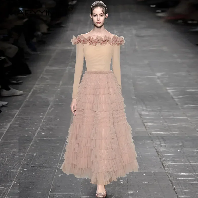 MARYYIMEI 夏の女性の夜会服ドレス スラッシュネック 長袖 メッシュスプライシング ティアードフリル ビッグスイングパーティードレス