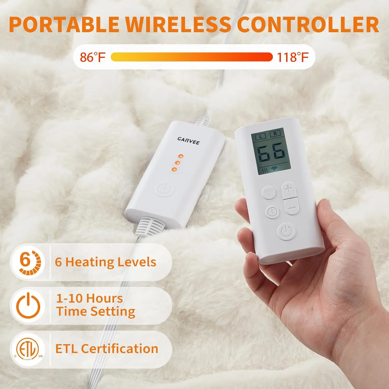 Wireless Heated Comforter Queen Size, Soft Faux Fur, Dual-Zone Control, White, Battery-Powered Warm Bedding for Bed