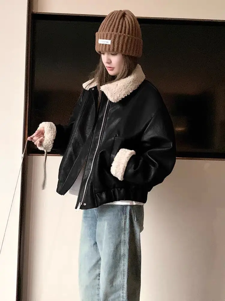 

Lamb Wool et Women Printed Woman Snap Front Quick-Release Fastener Rapid-Opening Closure Instant-Access Button Beautiful Ins